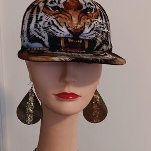 Tiger Print Cap with Gold Earrings